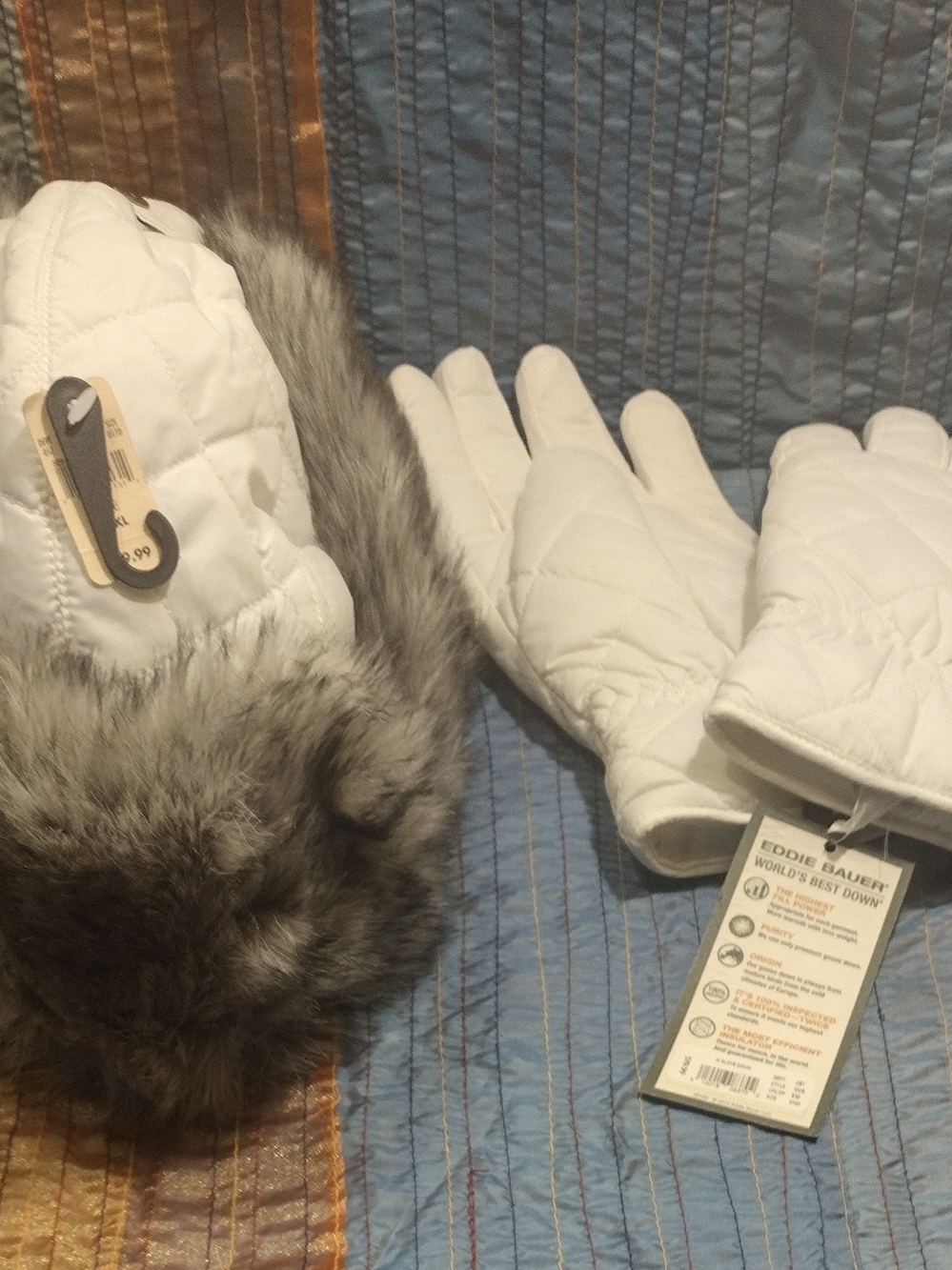 NEW Old Stock Eddie Bauer White Quilted Hat and Glove Set with Faux Fur Trim